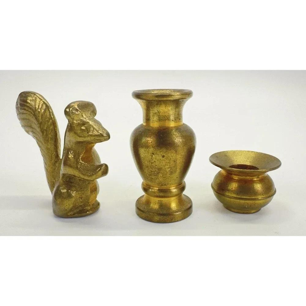 Miniature Brass Dollhouse Decor Lot 3 Squirrel Vase Candle Holder Collectibles
